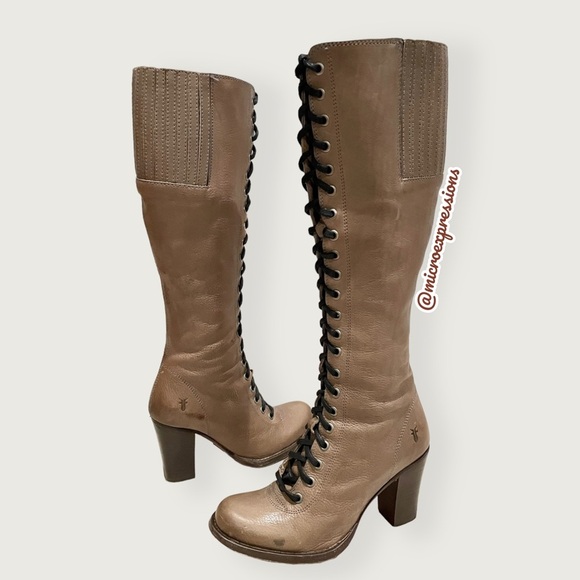 $599 Frye Julia Tall Lace Up Tan Beige Real Leather Military Zip Up Heeled Boots - Picture 5 of 14